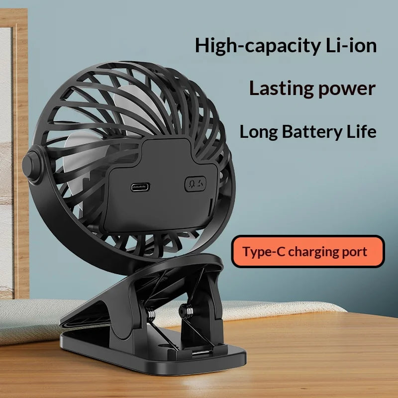 HOMEFISH Portable Rechargeable Clip Fan 720° Rotatable Hanging Fan with Night Light Air Cooler for Outdoor Camping Ventilador